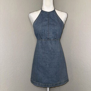 Y2K GAP Denim Halter Mini Dress Womens 2 Blue 100% Cotton Sleeveless Back Zipper
